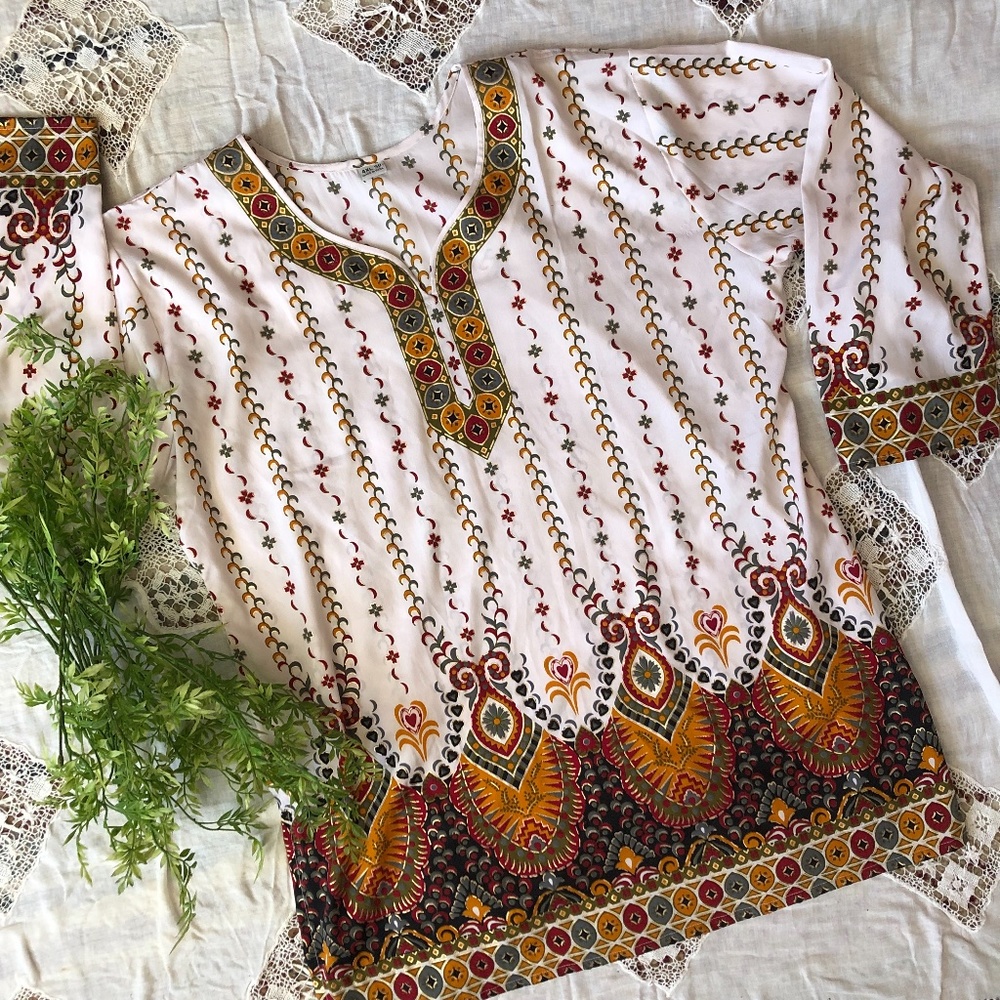 Women's 4 XL Tunic Shirt INDIA Long Sleeve Side Slit Gold Accent Boho Multicolor